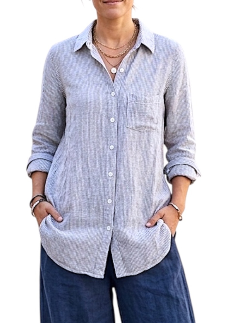 NAIF Montreal pure linen greyish blue vertical stripe long sleeve tunic top XS